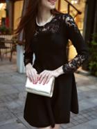 Romwe Black Round Neck Long Sleeve Knit Contrast Gauze Lace Dress