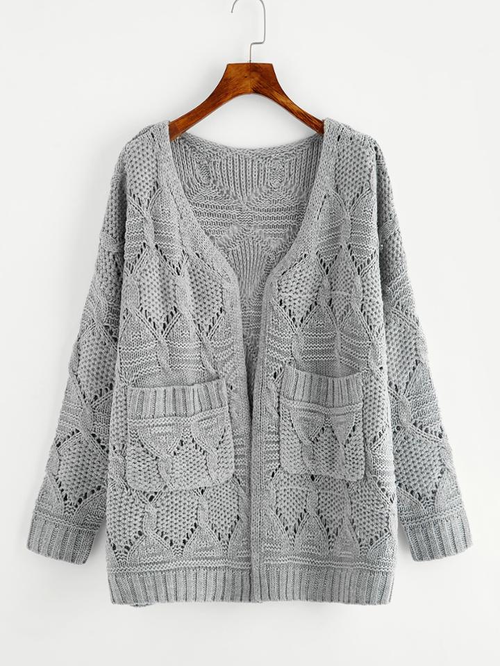 Romwe Eyelet Pocket Front Mixed Knit Sweater Coat
