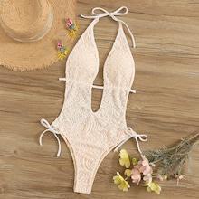 Romwe Open Back Lace Overlay Drawstring One Piece Swimsuit