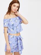 Romwe Floral Vertical Striped Bardot Top With Tie Waist Shorts