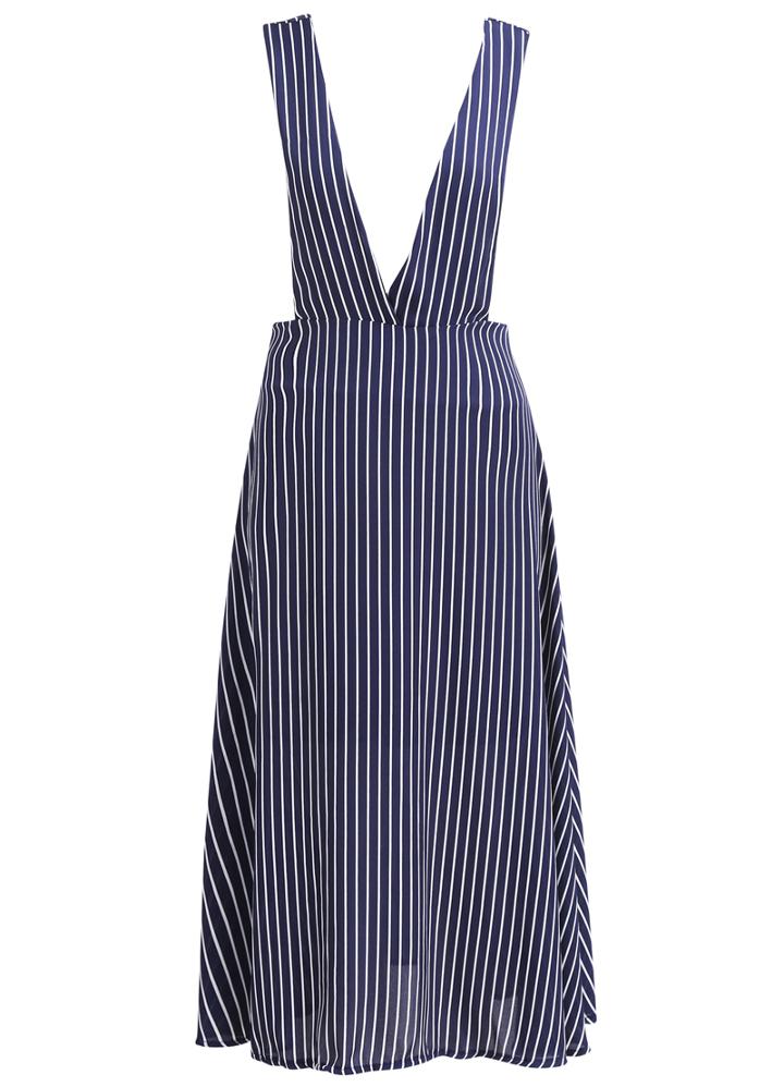 Romwe Deep Plunge Neck Vertical Striped Blue Dress