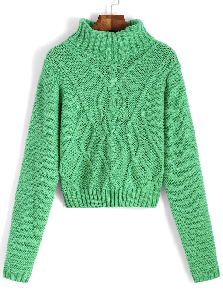 Romwe High Neck Cable Knit Crop Green Sweater