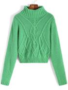 Romwe High Neck Cable Knit Crop Green Sweater