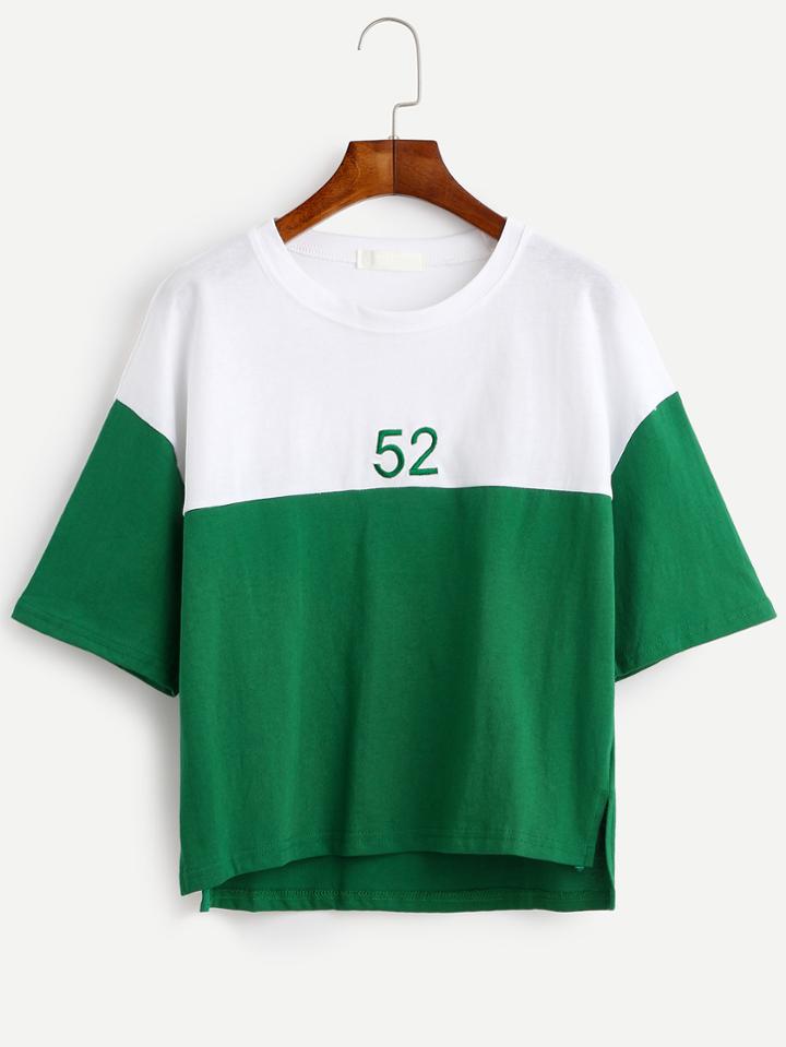 Romwe Color Block Number Embroidered T-shirt