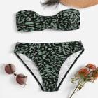Romwe Leopard Ruched Tie Back Bandeau Bikini Set