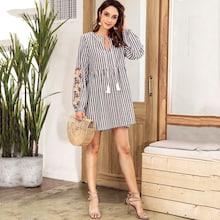 Romwe Floral Patched Fringe Detail Striped Dress