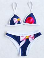 Romwe Navy Floral Print Contrast Trim Triangle Bikini Set