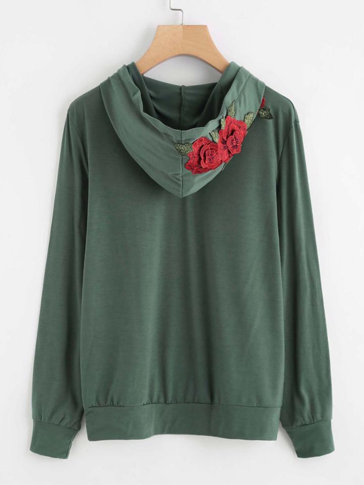 Romwe 3d Flower Embroidered Applique Hoodie
