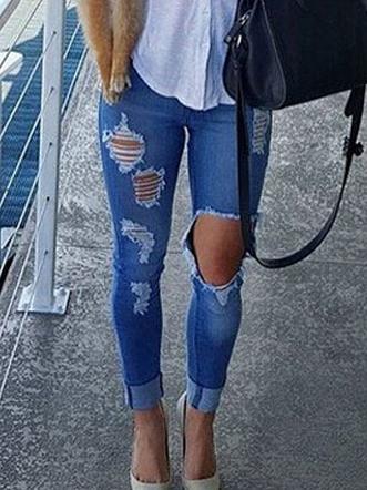 Romwe Blue Destroyed Denim Pant