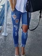 Romwe Blue Destroyed Denim Pant