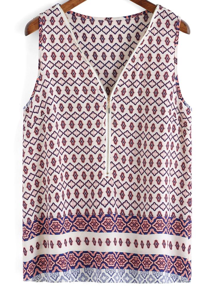 Romwe Geometric Print Zipper Tank Top