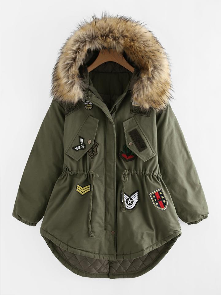 Romwe Drawstring Waist Curved Hem Patched Padded Coat