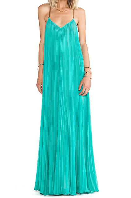 Romwe Strapped Pleated Backless Green Maxi Dress