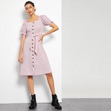 Romwe Button Up Belted Polka Dot Jacquard Dress