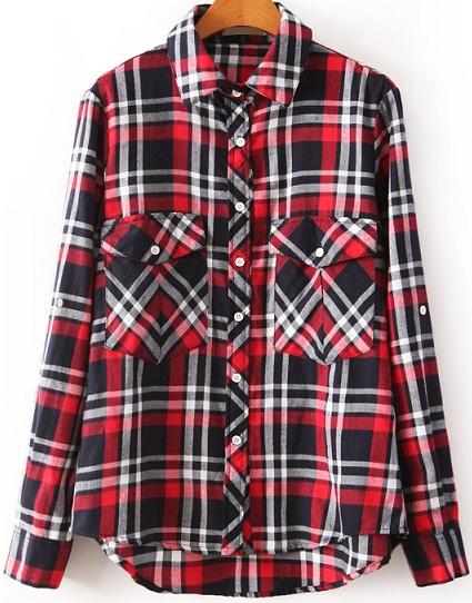 Romwe Check Print Pockets Dipped Hem Loose Blouse