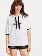 Romwe White Letter Embroidered Hooded Sweatshirt