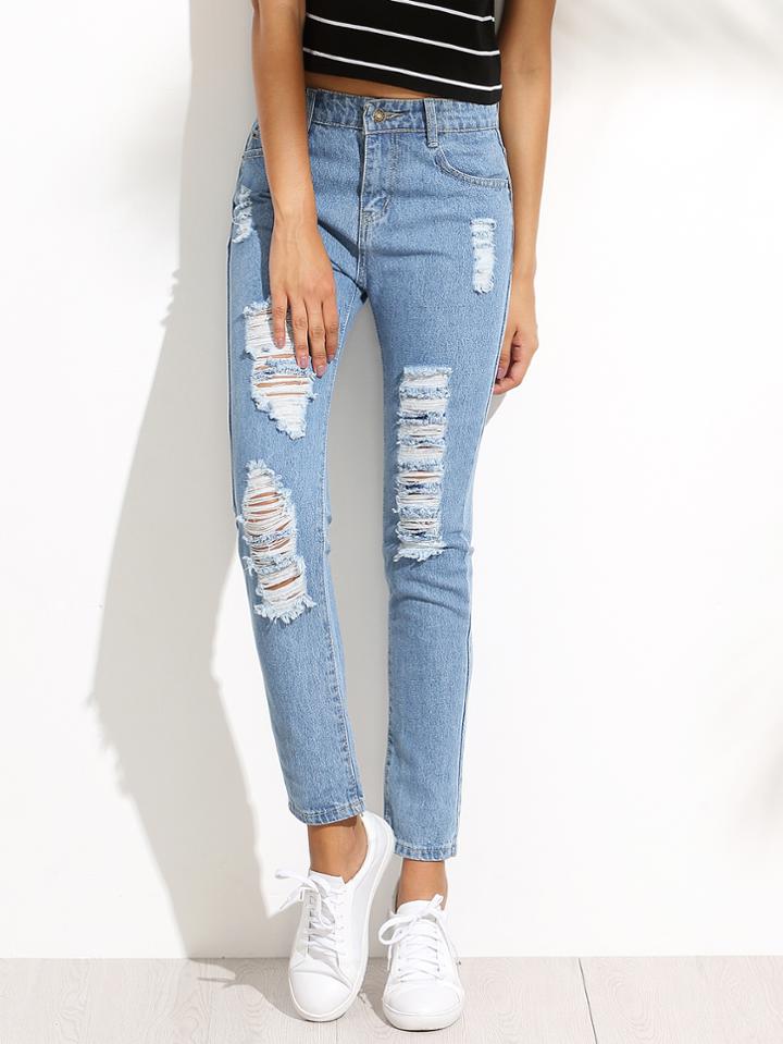 Romwe Pale Blue Ripped Denim Pants
