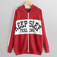 Romwe Letter Print Color Block Zip Up Hoodie