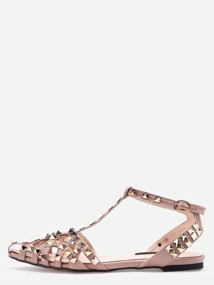 Romwe Pink Almond Toe Studded T-strap Flats