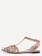 Romwe Pink Almond Toe Studded T-strap Flats