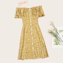 Romwe Plus Frill Off Shoulder Button Up Ditsy Dress