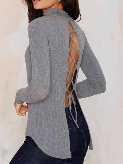 Romwe High Neck Open Back Bandage Sweater