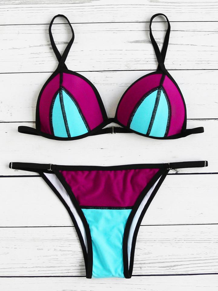 Romwe Color Block Contrast Binding Bikini Set