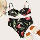 Romwe Random Tropical Print High Waist Underwired Bikini Set