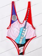 Romwe Guitar Print Deep V Neck One-piece Swimwear