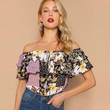 Romwe Off Shoulder Layered Foldover Colorblock Floral Blouse