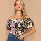 Romwe Off Shoulder Layered Foldover Colorblock Floral Blouse