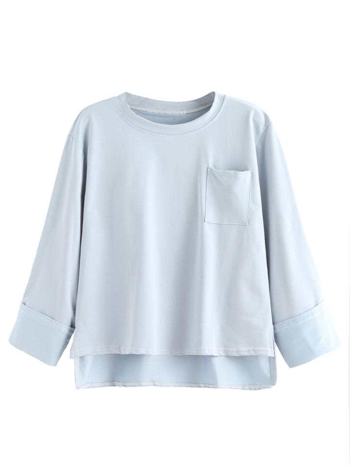 Romwe Pale Blue Dip Hem Pocket Rolled Sleeve T-shirt