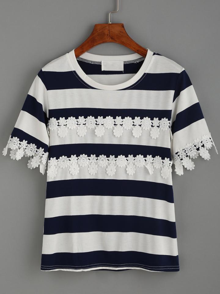 Romwe Black And White Striped Contrast Applique T-shirt