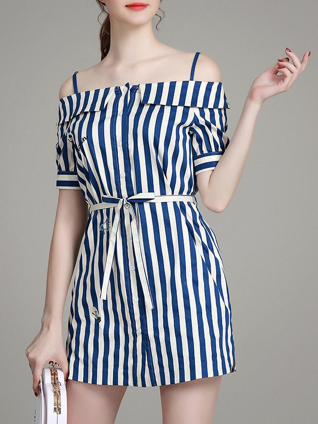 Romwe Blue White Striped Spaghetti Strap Tie-waist Dress