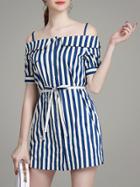 Romwe Blue White Striped Spaghetti Strap Tie-waist Dress