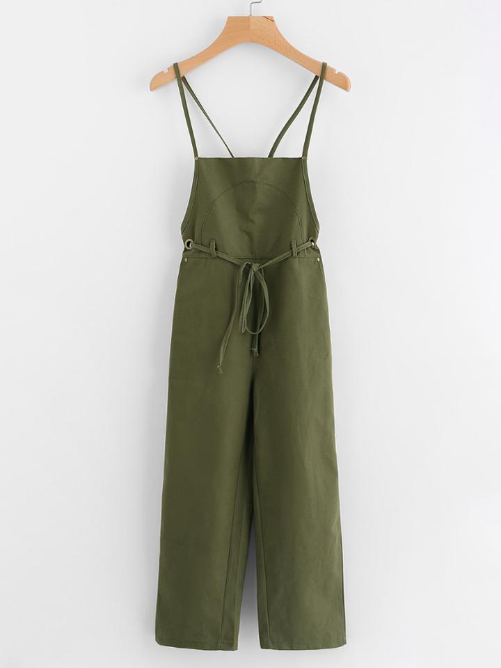 Romwe Self Tie Waist Criss Cross Open Back Jumpsuit