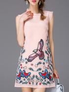Romwe Pink Ruffle Embroidered Shift Dress