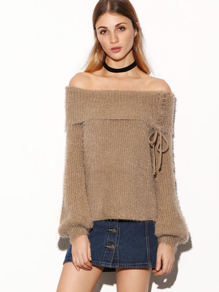 Romwe Off The Shoulder Lace Up Foldover Fuzzy Sweater