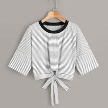 Romwe Stripe Print Tie Hem Ringer Tee
