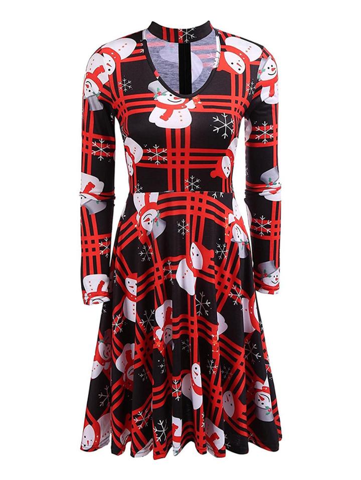 Romwe Snow Man Print Cut Out Neck Zip Up Back Dress