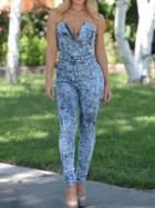Romwe Women Denim V Cut Skinny Jumpsuit