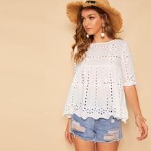 Romwe Scallop Hem Schiffy Eyelet Smock Blouse