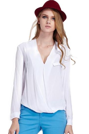 Romwe Asymmetric Crossed Front White Shirt