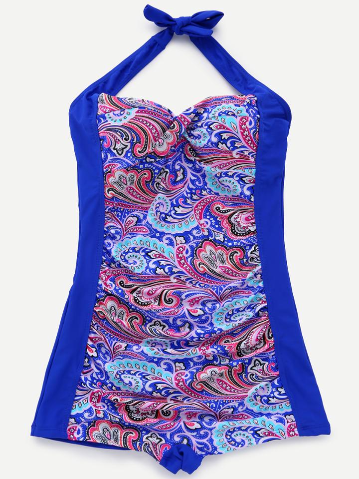 Romwe Blue Halter Paisley Print One Piece Swimwear