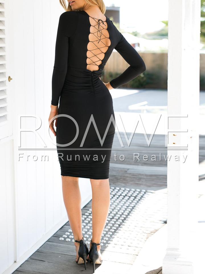 Romwe Black Long Sleeve Lace Up Dress