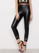 Romwe Floral Lace Hem Faux Leather Leggings