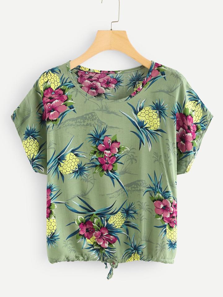 Romwe Floral Print Dolman Sleeve Drawstring Top