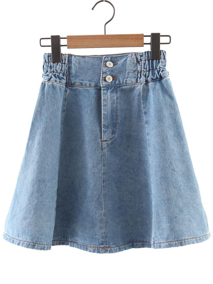 Romwe Blue High Waist Pleated Denim Skirt