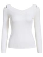 Romwe V Neck Open Shoulder White Sweater