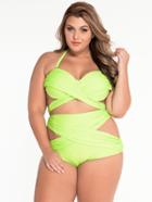 Romwe Plus Size Cutout Cross Wrap Bikini Set - Fluorescent Green